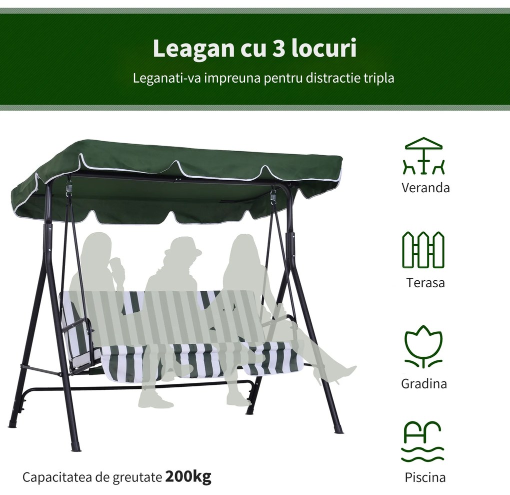 Balansoar de Gradina Outsunny, 3 Locuri, Structura din Otel, 172x110x152cm | Aosom Romania