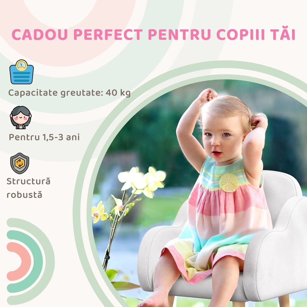 ZONEKIZ Fotoliu pentru copii cu brațe în formă de nor, cu picioare înclinate și material textil, 46 x 51 x 55 cm, alb | Aosom Romania