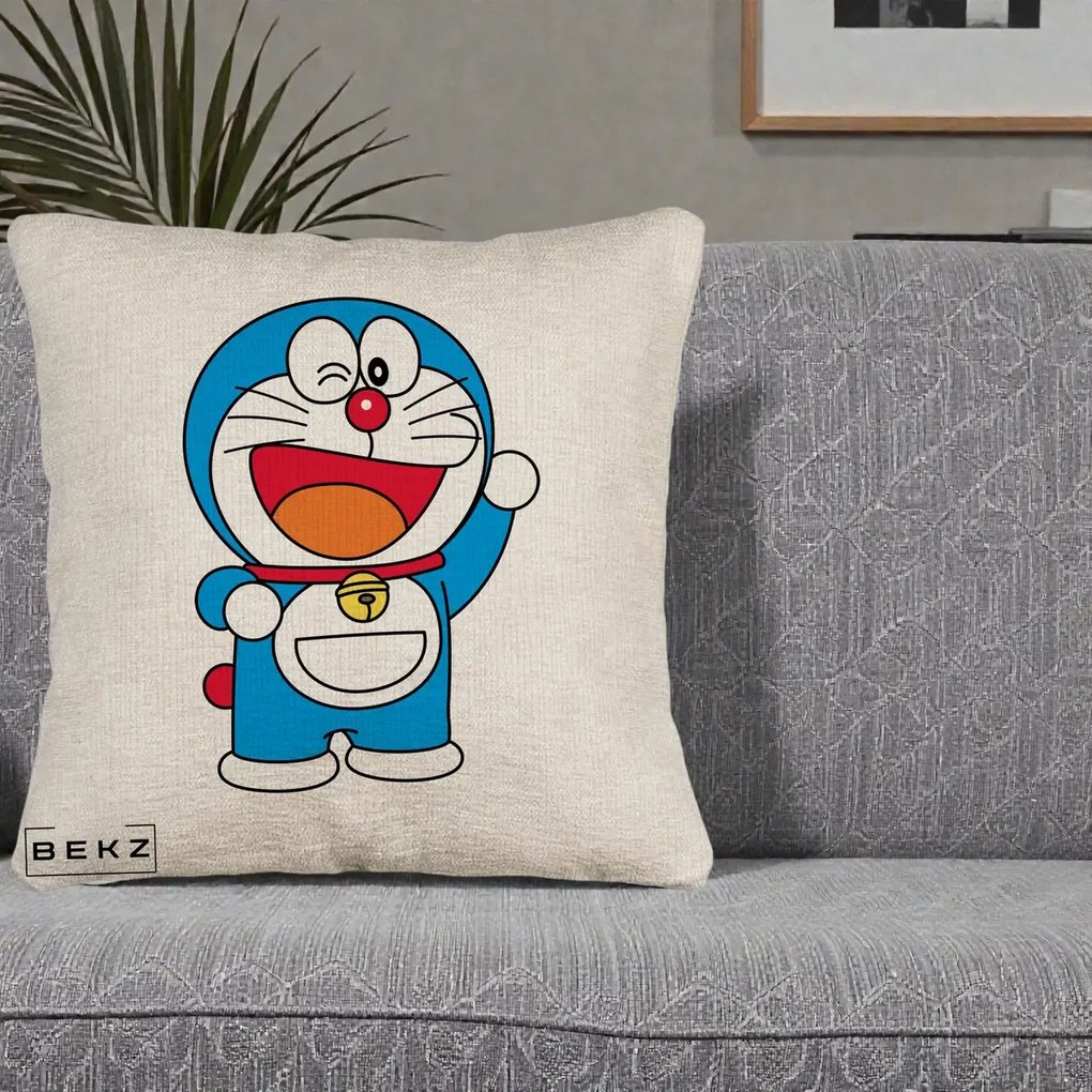 Perna Personalizata Doraemon Salutand, 40x40 cm, Bej Canapea, Husa Detasabila, Perna Inclusa, BEKZ®