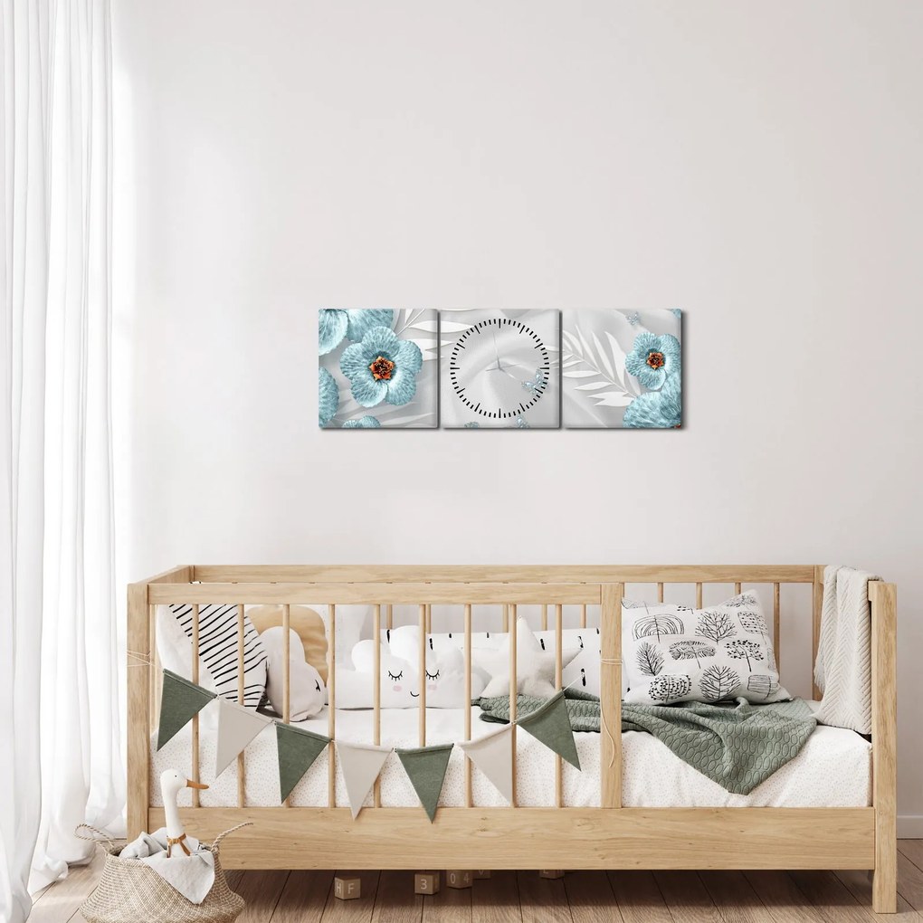 Tablou - 3D Flori albastre (cu ceas) (90x30 cm)
