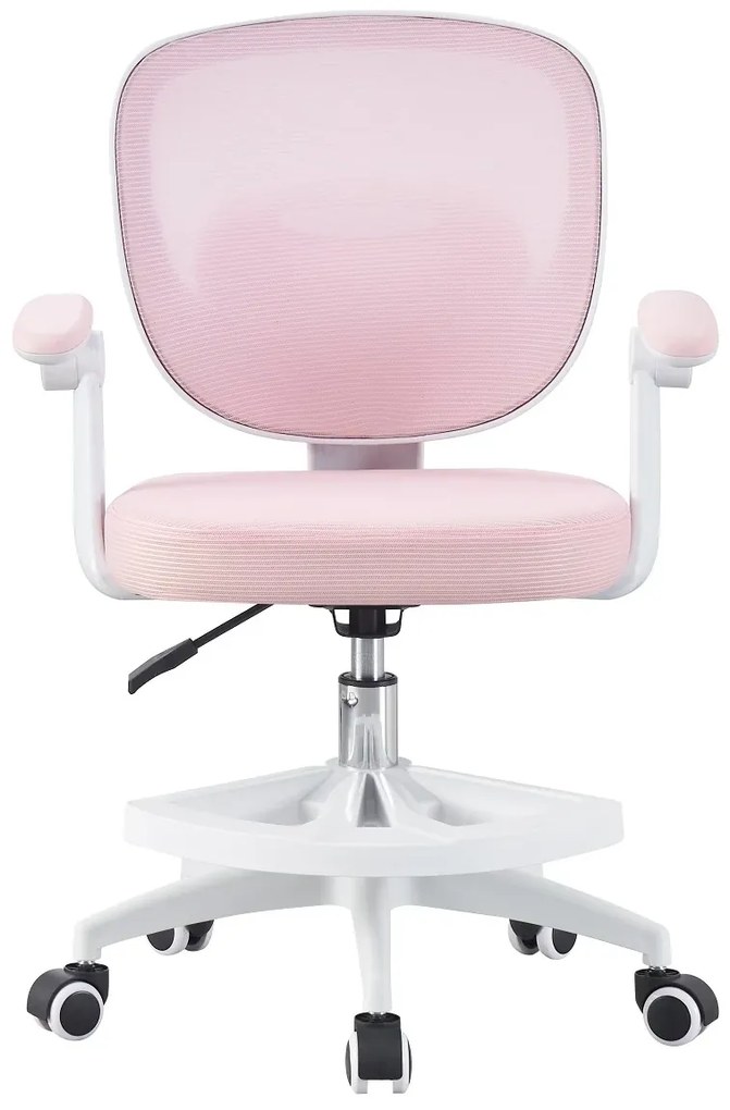 RESIGILAT- Scaun ergonomic pentru copii, spatar Mesh, cotiere rabatabile, inaltime reglabila, suport picioare reglabil, rotativ, Roz