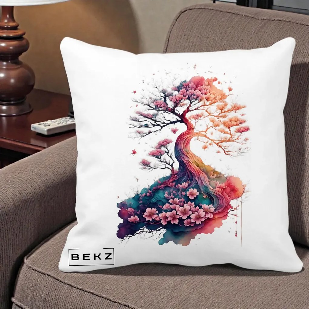 Perna Decorativa Copac Sakura Acuarela Fantasy, 40x40 cm, Alba Mata, Husa Detasabila, Perna Inclusa, BEKZ®