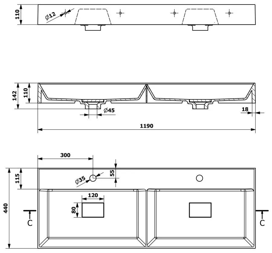 Chiuvetă dublă albă din compozit mineral 119x44 cm Godiva – Sapho