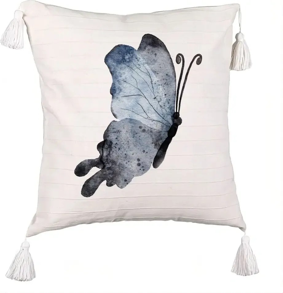 Perna Decorativa cu Franjuri, Model Fluture 2, Blue and Black, 40x40 cm, Bej cu Franjuri, Husa Detasabila, Perna Inclusa, BEKZ®