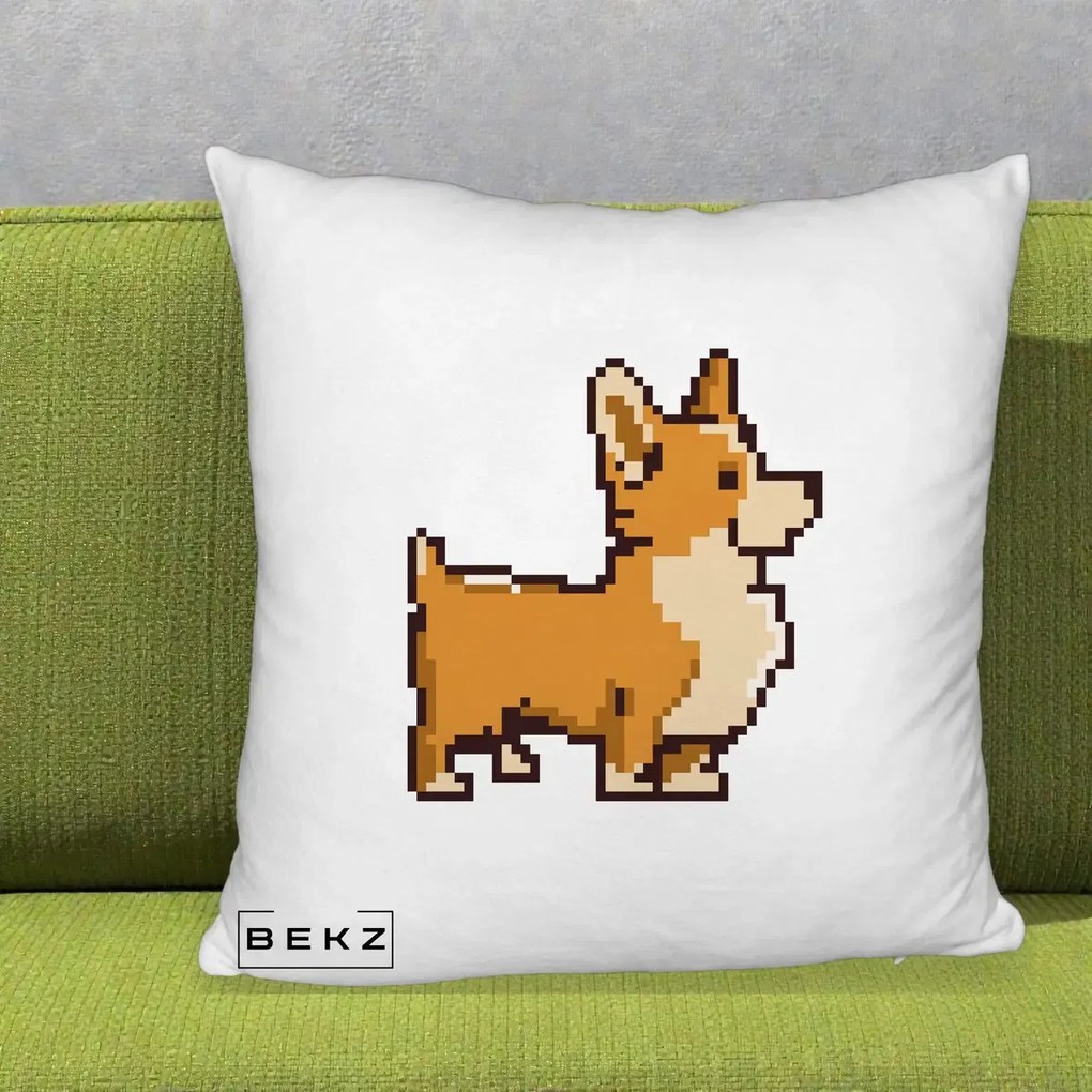 Perna Personalizata Corgi Pixel Art, 40x40 cm, Alb Pufos, Husa Detasabila, Perna Inclusa, BEKZ®