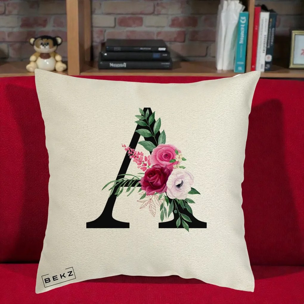 Cadou Personalizat - Perna Personalizata Monograma Florala Litera A, 40x40 cm, Ecru, Husa Detasabila, Perna Inclusa, BEKZ®