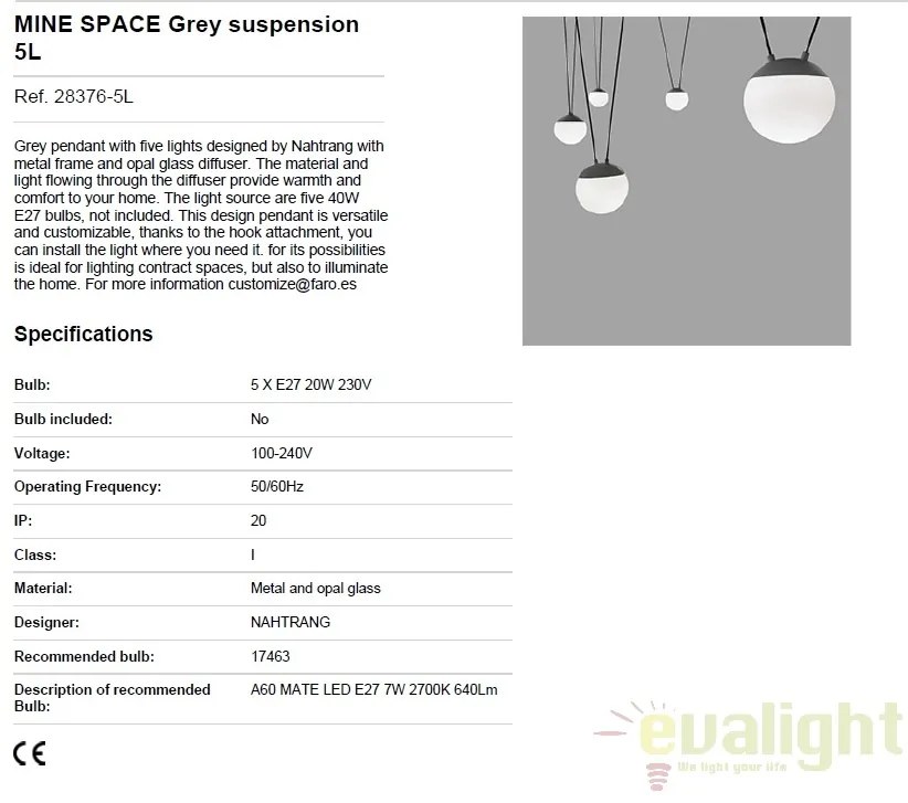 Lustra cu 5 pendule design modern MINE SPACE Grey inchis 28376-5L