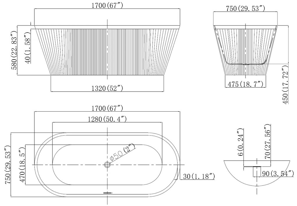 Cada baie freestanding cu riflaje 3D, dimensiune 170 x 75 cm, alb lucios, Scarlet Foglia Alb lucios