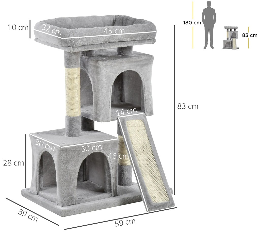 PawHut Ansamblu pentru pisici cu stalpi din sisal, pat si 2 case cu tapiterie de plus, 59x39x83cm, gri | Aosom Romania