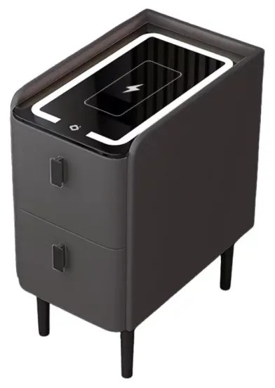 Noptieră inteligentă slim cu &icirc;ncărcare wireless, iluminare LED și 2 sertare &ndash; culoare gri antracit, design modern din sticlă și lemn
