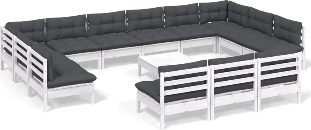 vidaXL Set mobilier grădină cu perne, 14 piese, alb, lemn masiv pin
