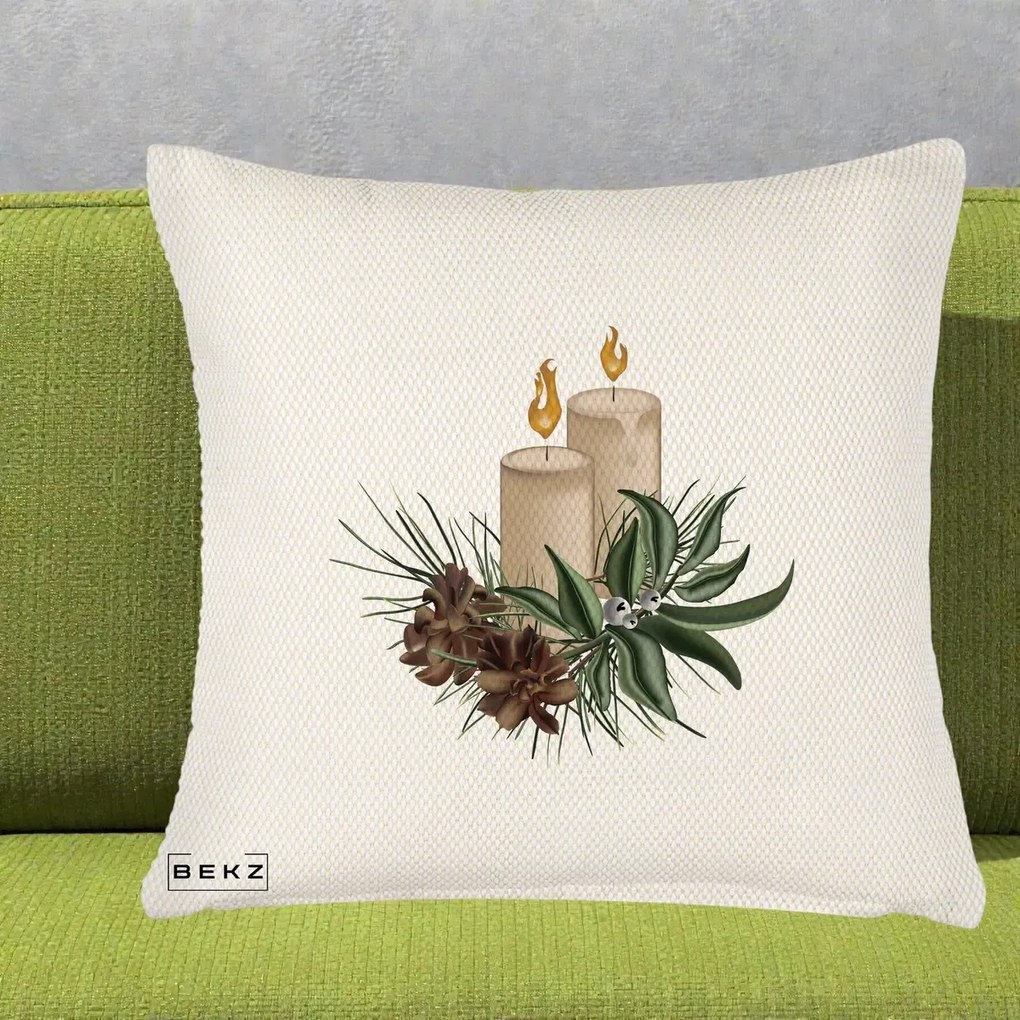 Perna Decorativa Lumanari cu Ilex si Conuri Ilustratie, 40x40 cm, Crem Reliefat, Husa Detasabila, Perna Inclusa, BEKZ®