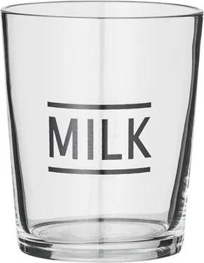 Pahar din sticla transparenta mesaj "Milk" gri Bloomingville