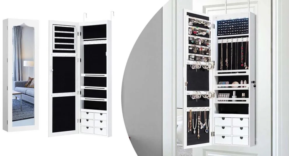 Suport bijuterii de perete cu oglinda si iluminare