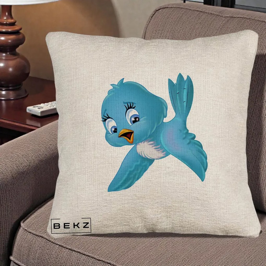 Perna Decorativa Pui de Pasare Albastru, 40x40 cm, Bej Canapea, Husa Detasabila, Perna Inclusa, BEKZ®