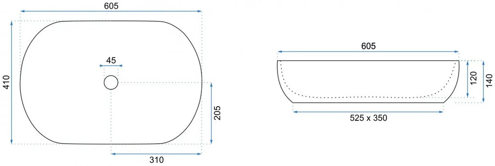 Lavoar pe blat Rea Cleo oval finisaj alb - negru 60 cm