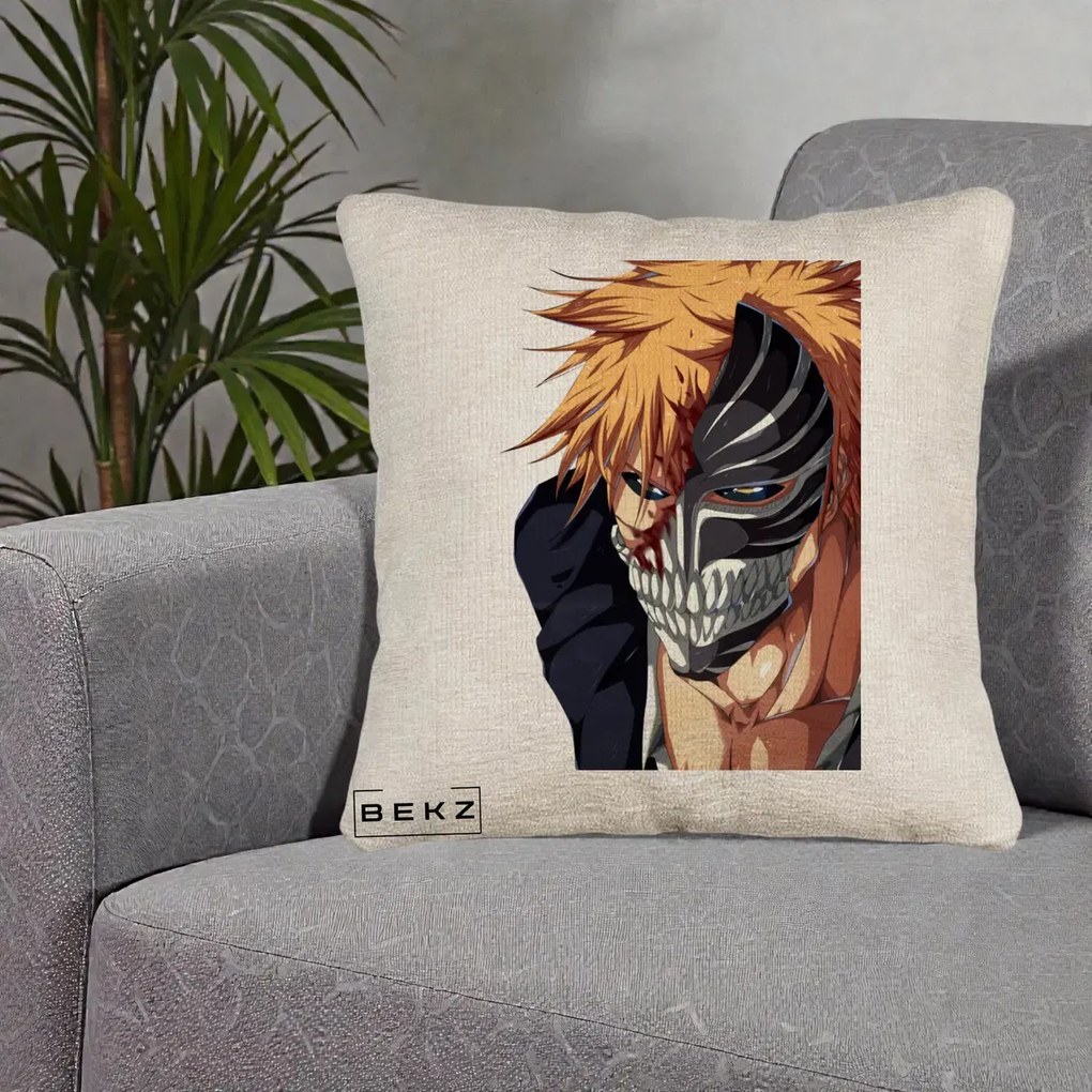 Perna Personalizata Bleach Ichigo Masca Hollow, 40x40 cm, Bej Canapea, Husa Detasabila, Perna Inclusa, BEKZ®