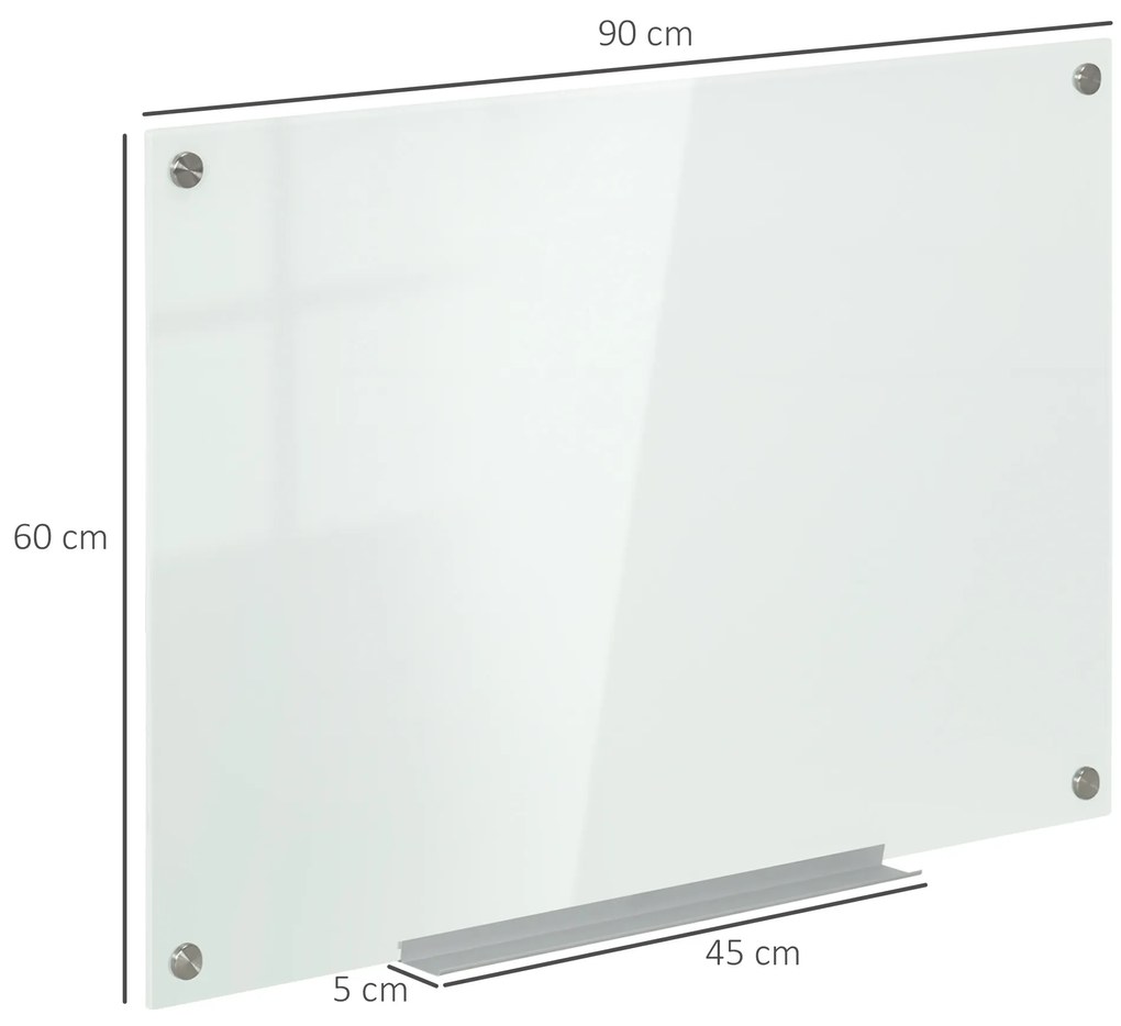 Vinsetto Tablou alb din sticlă cu tavă pentru perete fără rame, cu 4 markere și burete ștergător, 90 x 60 cm, alb | Aosom Romania