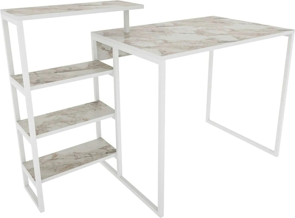 Birou RINO, alb cu efect de marmura, alb, PAL melaminat/metal, 133x60x