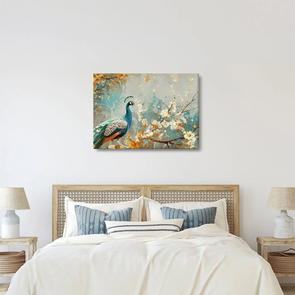 Tablou - Păun cu decor de aur (70x50 cm)
