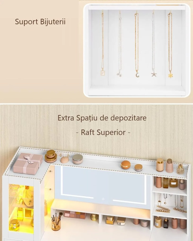 Masuta de machiaj 140 cm, cu Oglinda LED si 10 Sertare pentru Cosmetice, Set Masa toaleta Alba, masuta cosmetica, vanity cu dulapior si rafturi -