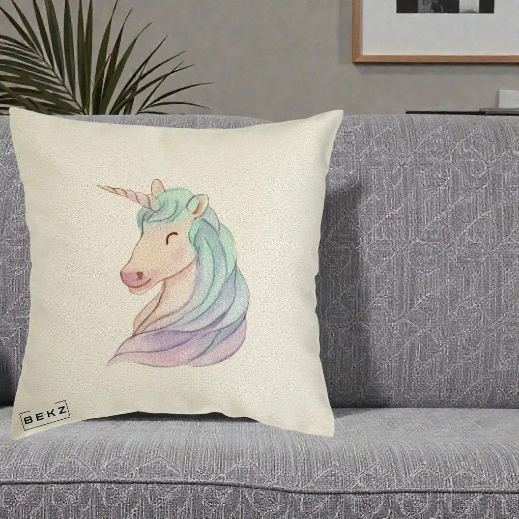 Perna Decorativa Unicorn Acuarela Pastel, 40x40 cm, Ecru, Husa Detasabila, Perna Inclusa, BEKZ®