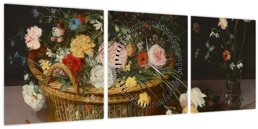 Tablou - Jan Brueghel the Elder, Flowers in a Basket and a Vase, reproducere (cu ceas) (90x30 cm)