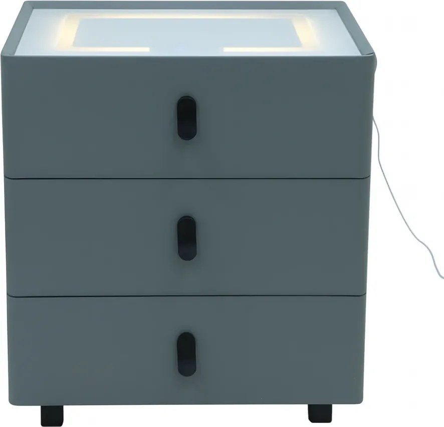 RESIGILAT- Noptieră inteligentă, încărcare Wireless și port USB+USB C, 3 sertare, 3 tipuri de iluminare LED touch, 3 tipuri de culoare, sticla securizata, Gri