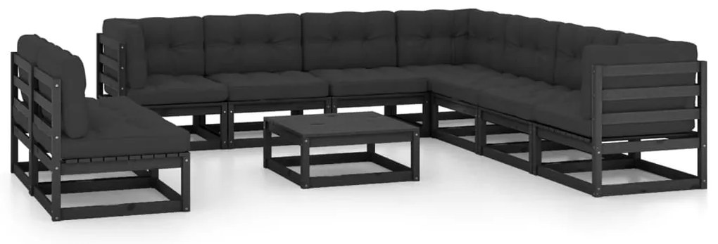 vidaXL Set mobilier grădină cu perne, 10 piese, negru, lemn masiv pin