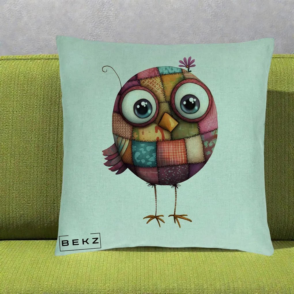 Perna Decorativa Pasare Patchwork Roz cu Floare, 40x40 cm, Verde Menta, Husa Detasabila, Perna Inclusa, BEKZ®