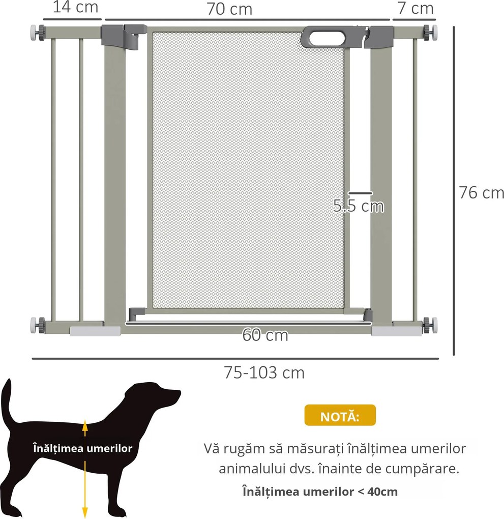 PawHut Barieră Extensibilă pentru Câini cu Închidere Automată din Oțel și ABS, 75-103x76 cm, Gri | Aosom Romania