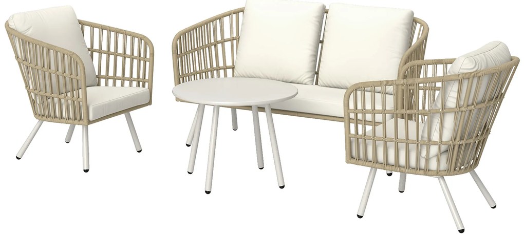 Outsunny Set de mobilier de grădină din poliratan Lounge-Set cu canapea de 2 locuri, fotoliu, masă, perne rezistente la intemperii pentru 4 persoane în culoarea Khaki | Aosom Romania