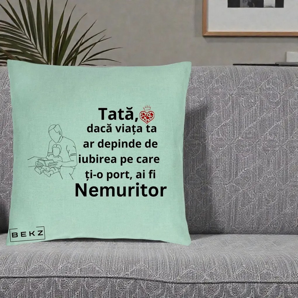 Cadou pentru Tata - Perna Personalizata Tata Nemuritor Lectura, 40x40 cm, Verde Menta, Husa Detasabila, Perna Inclusa, BEKZ®