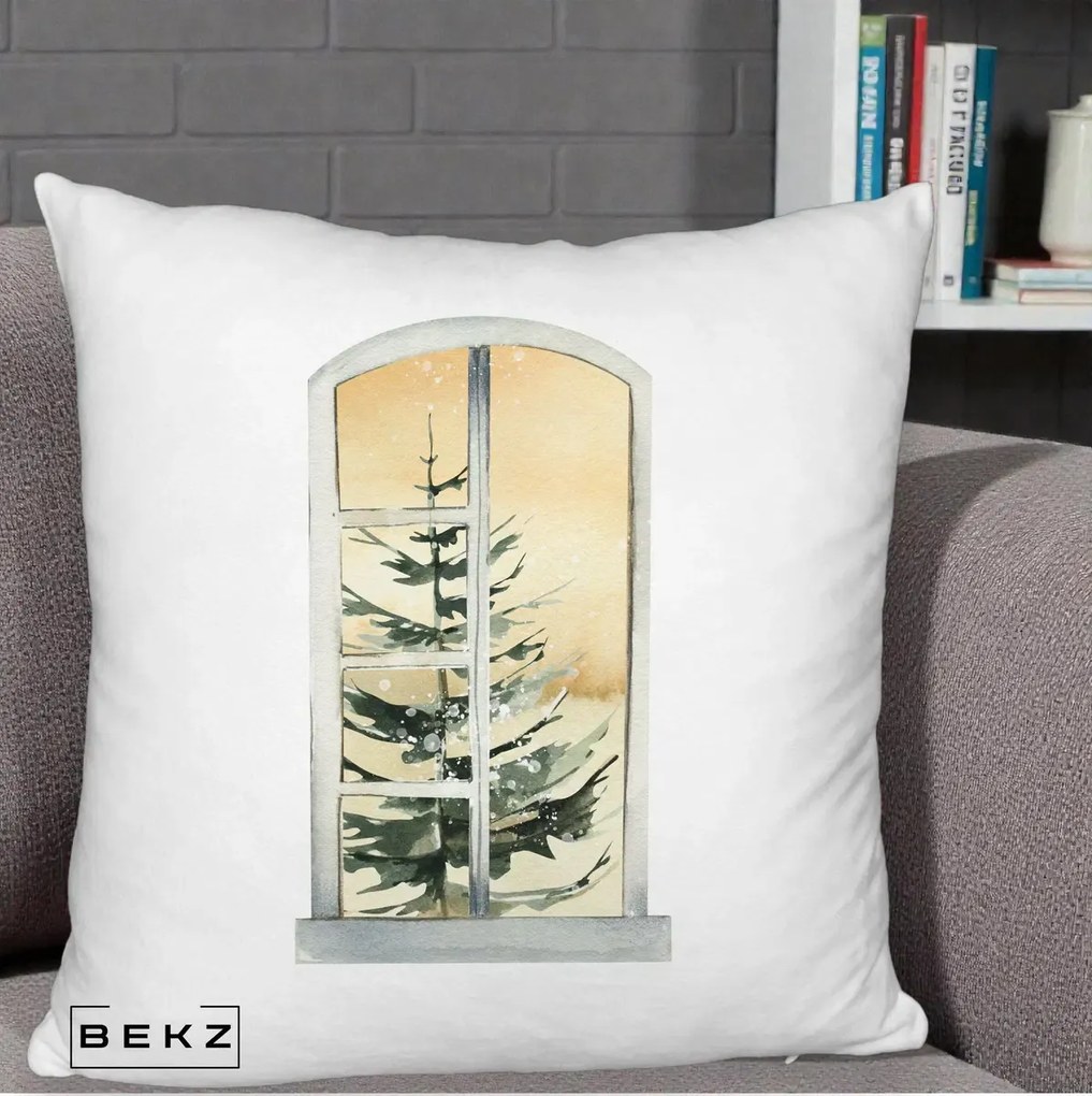 Perna Decorativa Fereastra cu Brad de Iarna, 40x40 cm, Alb Pufos, Husa Detasabila, Perna Inclusa, BEKZ®
