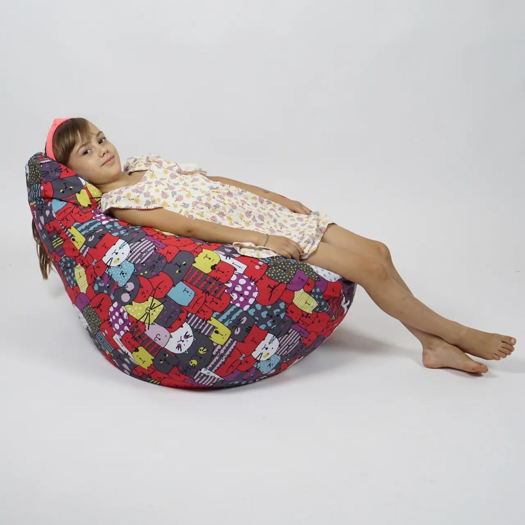 Fotoliu puf copii, Nirvana Light Pufrelax, Material Impermeabil, imprimeu cu pisici - Cattitude