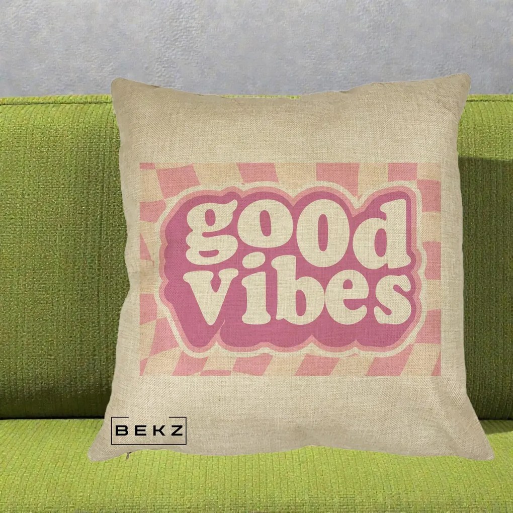 Perna Decorativa Good Vibes Retro Roz, 40x40 cm, Crem, Husa Detasabila, Perna Inclusa, BEKZ®