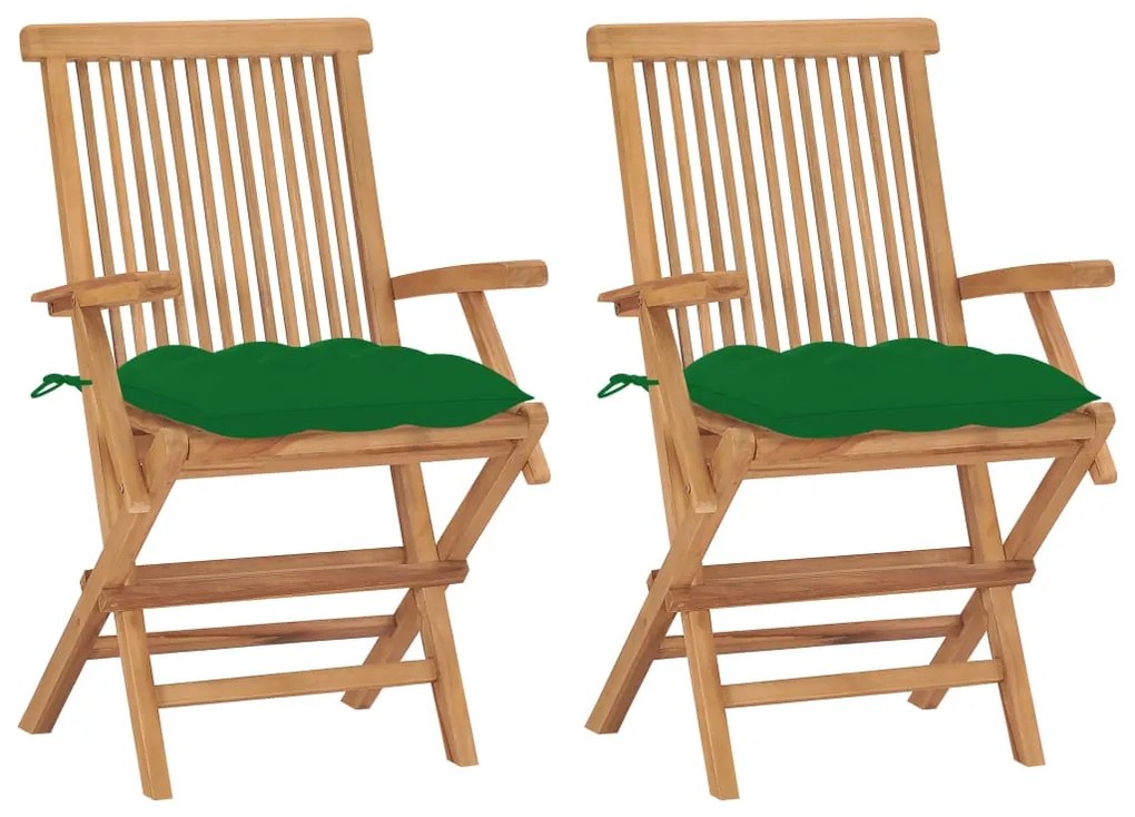 vidaXL Scaune grădină cu perne, 2 buc., verde, lemn masiv tec