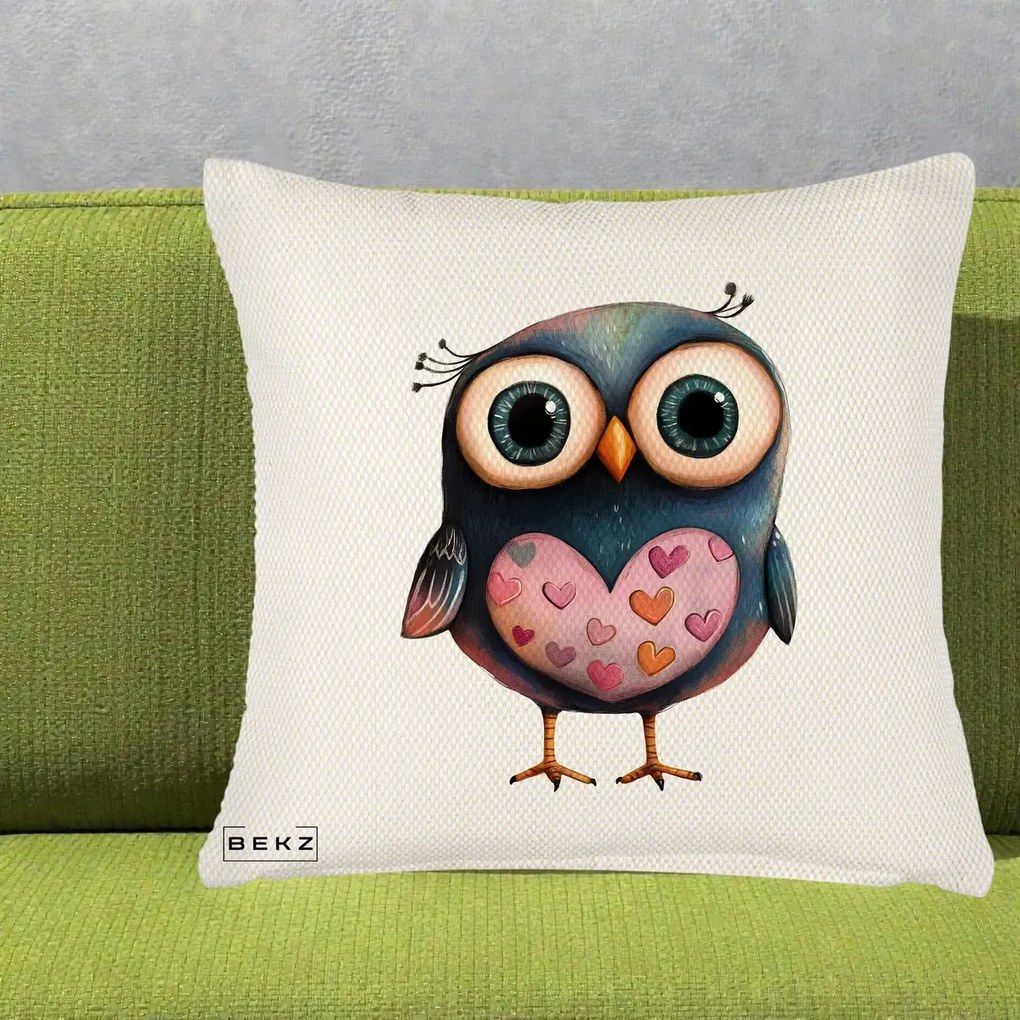 Perna Decorativa Bufnita cu Inimioare Roz, 40x40 cm, Crem Reliefat, Husa Detasabila, Perna Inclusa, BEKZ®