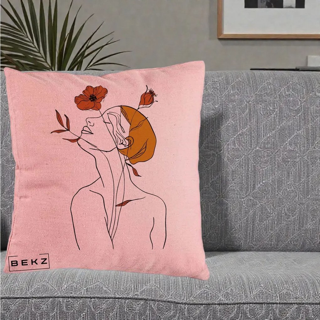 Perna Decorativa Portret Feminin Mac Privire Inalta, 40x40 cm, Roz, Husa Detasabila, Perna Inclusa, BEKZ®