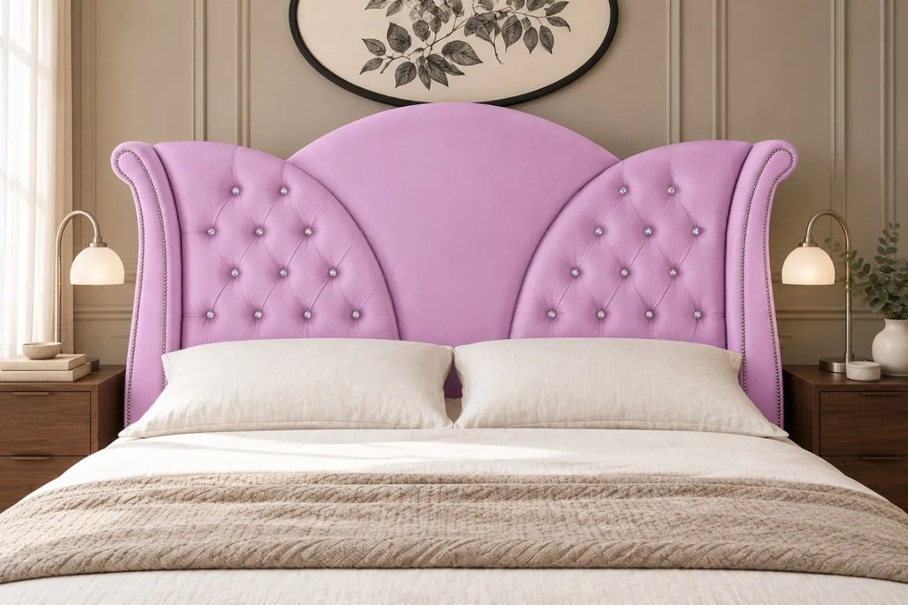 Pat tapițat Chesterfield din catifea Velora Deluxe 140×200 cm, lila, cu ladă de depozitare