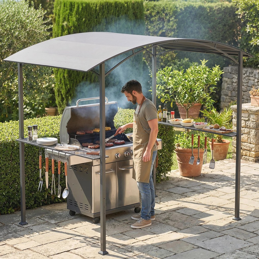 Outsunny Gazebo pentru Grătar 2.5x1.5 m, Pergolă pentru Grătar cu 2 Rafturi Laterale și Cârlige, Cadru din Oțel și Acoperiș din Poliester pentru Grădină, Gri Închis | Aosom Romania