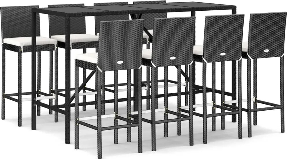 vidaXL Set mobilier bar de grădină cu perne, 9 piese, negru, poliratan