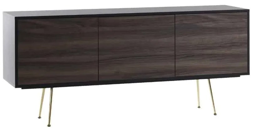 Comoda TV Limo, picioare aurii, deschidere push-pull - bord negru,usi maro
