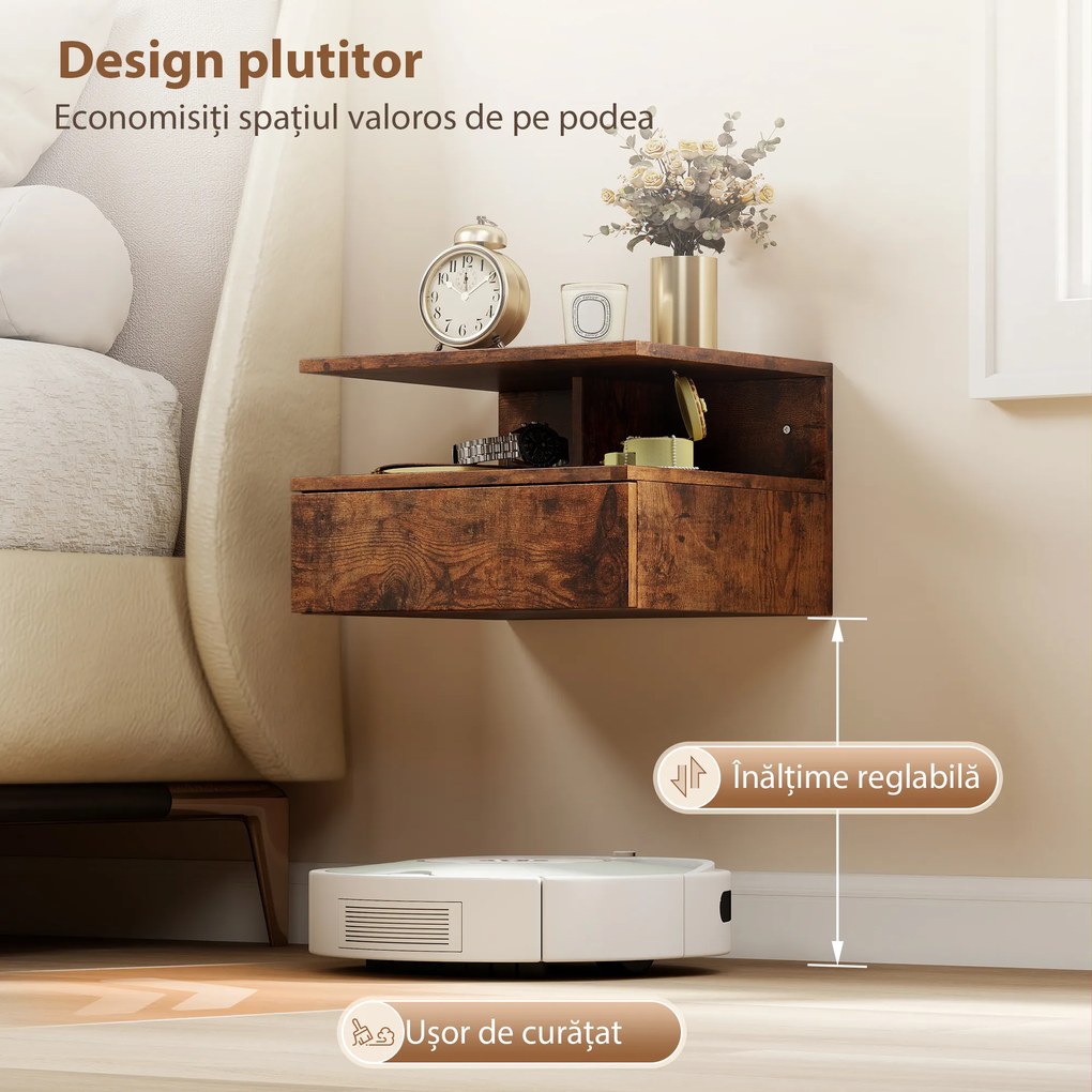 HOMCOM Set de 2 Noptiere Suspendate cu Sertar și Raft Deschis, 35x32x22.5 cm, Maro Rustic | Aosom Romania