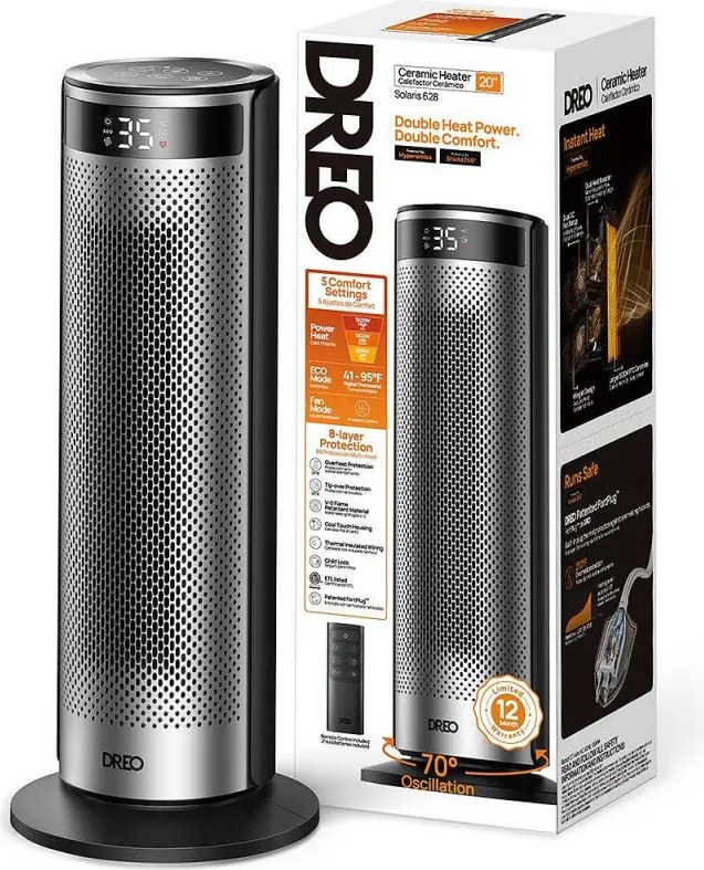 Aeroterma coloana DREO Solaris 628, 2000 W, Pana la 25 m², 5 moduri, 5-35°C, HeatShield360, Timer, Negru/gri