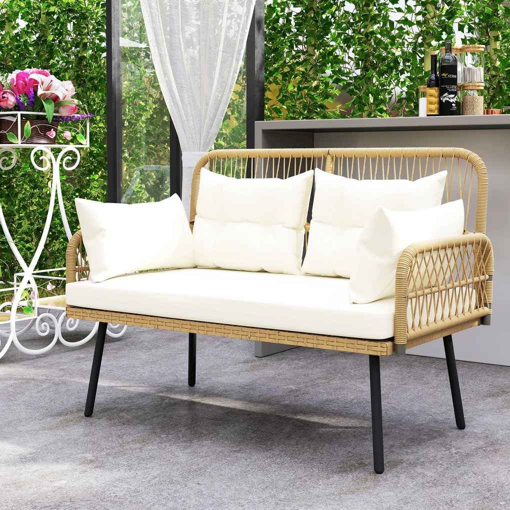 Outsunny Canapea de grădină cu perne Canapea 2 locuri Outdoor Balcon Canapea din ratan Polyrattan 115 x 61 x 82 cm Lemn natural | Aosom Romania