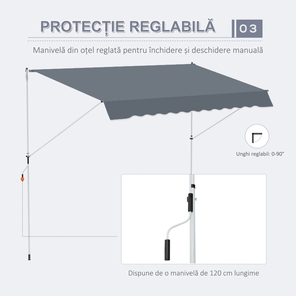 Outsunny Copertină Retractabilă cu Braț Pliabil, 400x120 cm, Gri Închis | Aosom Romania