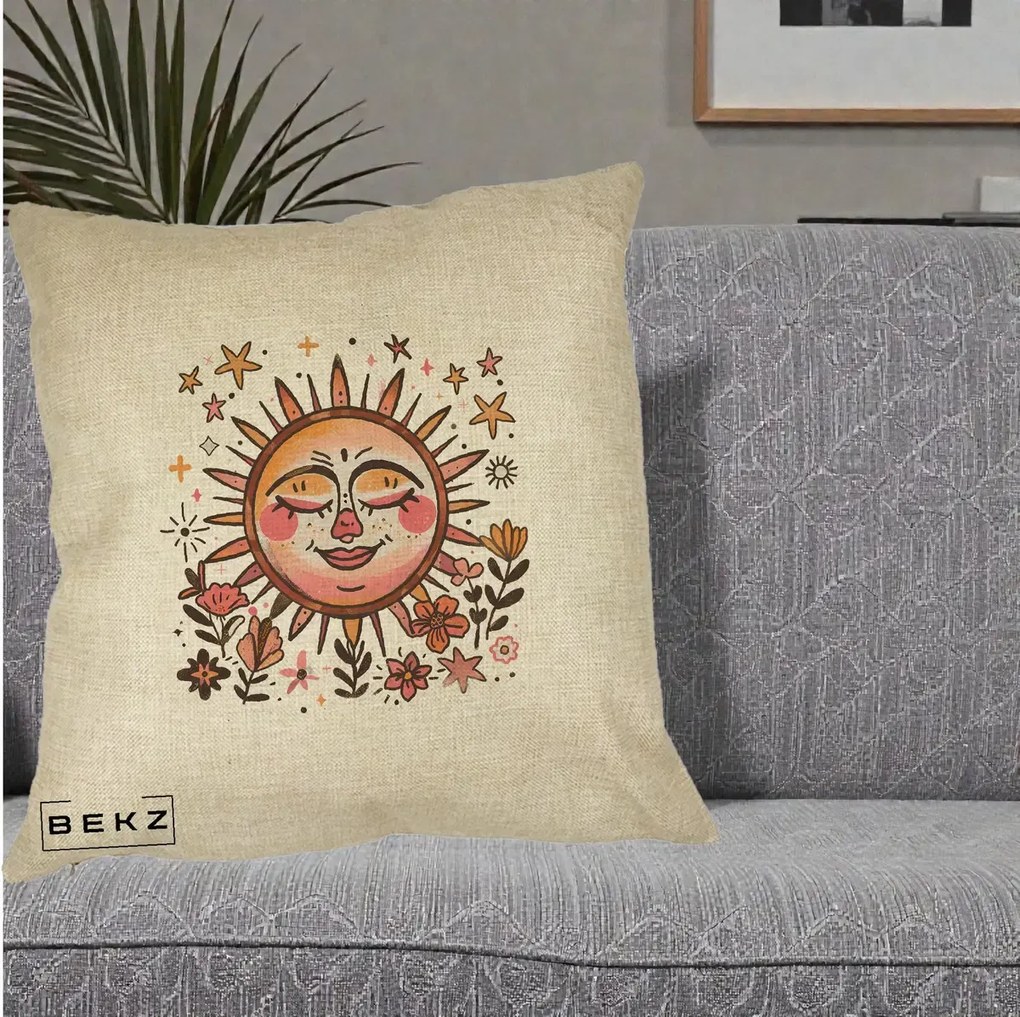 Perna Decorativa Soare Retro Boho Floral, 40x40 cm, Crem, Husa Detasabila, Perna Inclusa, BEKZ®