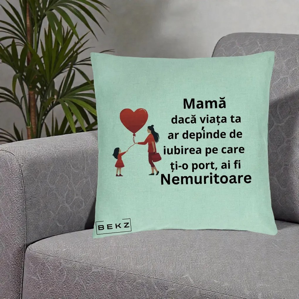 Cadou pentru Mama - Perna Personalizata Mama Nemuritoare cu Bebelus Kawaii, 40x40 cm, Verde Menta, Husa Detasabila, Perna Inclusa, BEKZ®