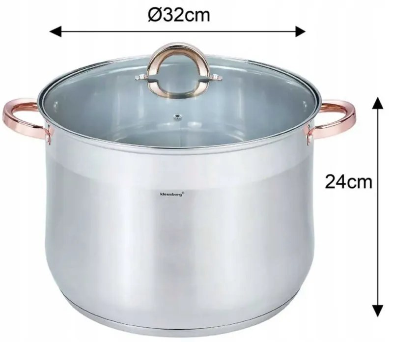 Oala Klausberg KB 7797, 18,7 L, 32 cm, Capac din sticla, Fund multistrat, Inductie, Inox/roz auriu